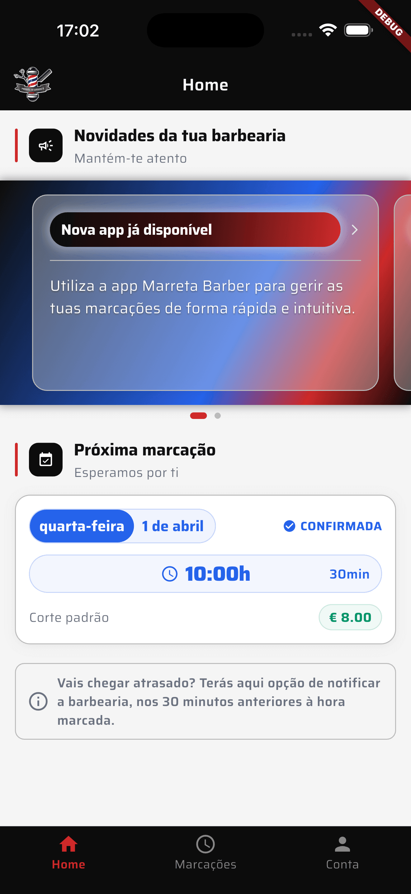 Marreta Barber home screen in iPhone mockup