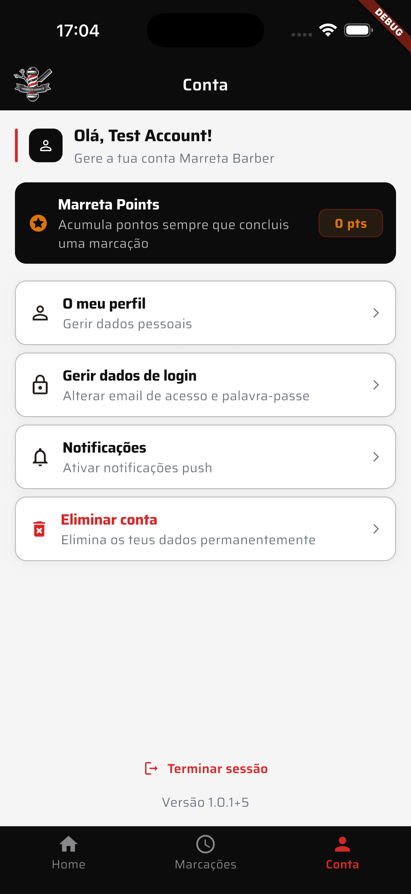Marreta Barber account screen in iPhone mockup