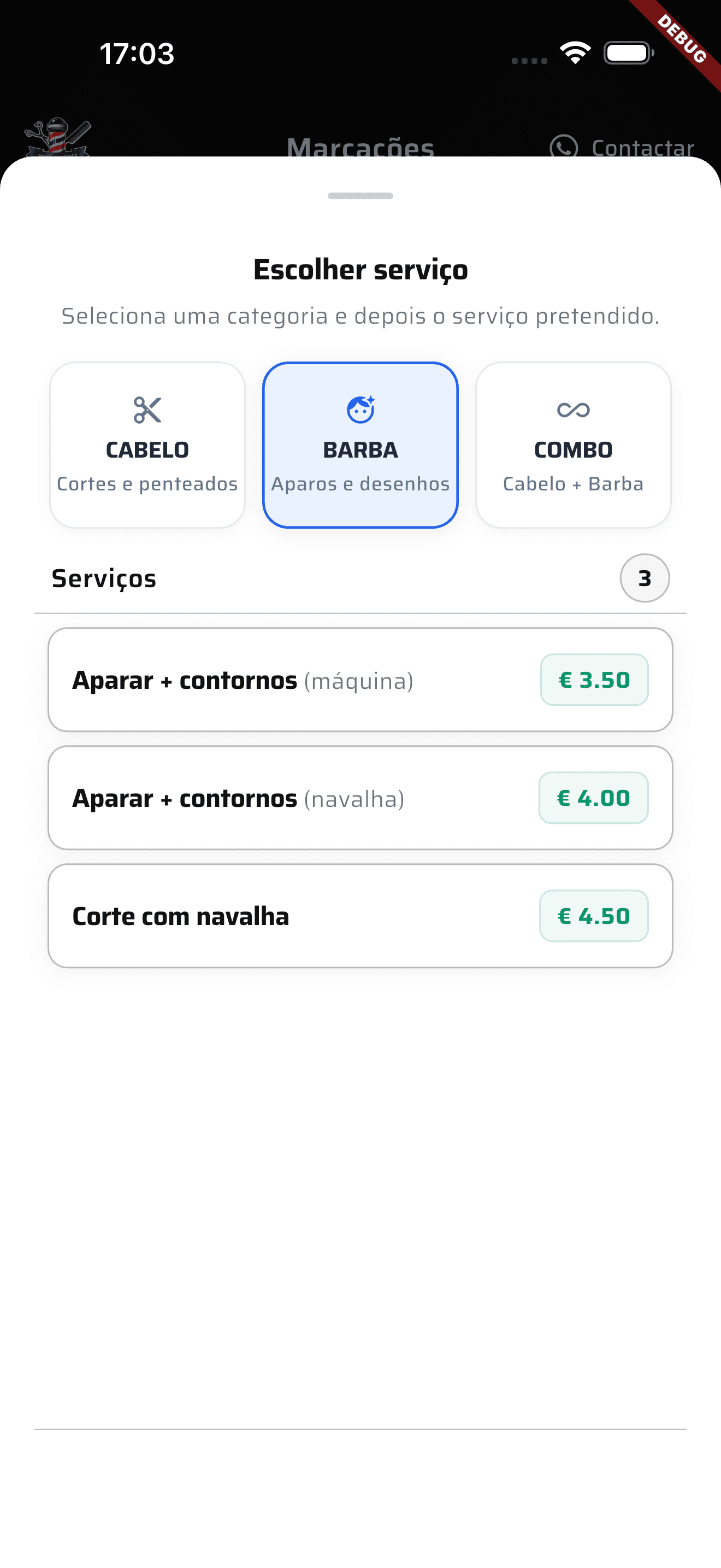 Marreta Barber services screen in iPhone mockup